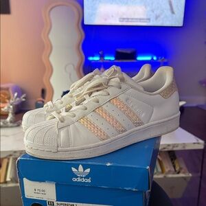 Adidas White Sneakers with Holographic Stripes